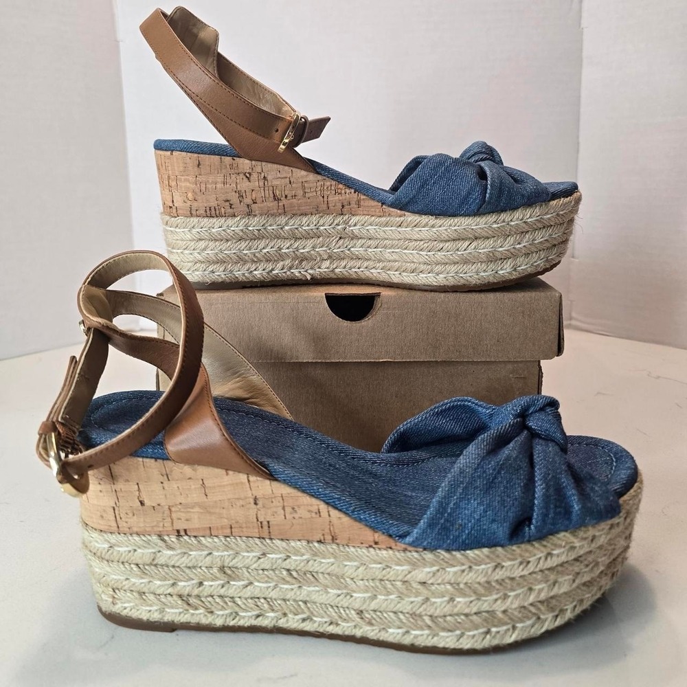Michael Kors Maxwell Mid Wedge Canvas/Leather Sandals Light Denim- 8.5 US